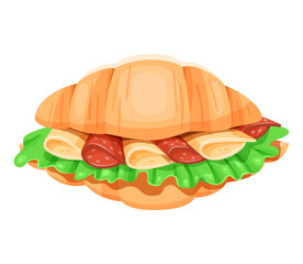 Croissant with sausage, cheese and lettuce. Isolated illustration on a white background.