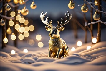 photo christmas gold deer stand on the snow with christmas decoration made with Generative AI