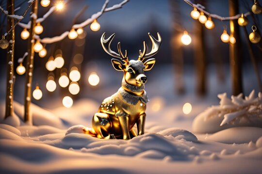 photo christmas gold deer stand on the snow with christmas decoration made with Generative AI