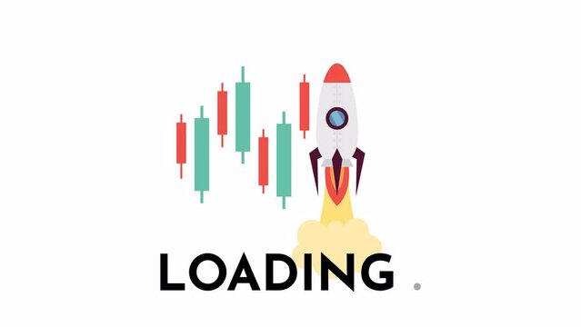 Stock market trends 2D loading animation. Trading candlesticks stocks with rocket take off animated cartoon object 4K video loader motion graphic. Buying and selling download, upload progress gif