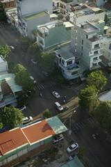 An intersection with light traffic in Quy Nhon, Vietnam, viewed from above