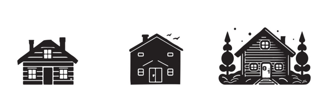 Set of log cabin and alpine fir tree vector illustrations. Masculine outdoor travel in nordic linocut chalet in Scandinavian holiday group