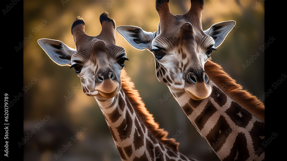 Wall mural Witness the tender bond between a mother and baby giraffe, exemplifying their gentle nature and nurturing spirit.