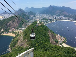 Top View Rio de Janeiro City Christ The Redeemer Cable and car going to Sugarloaf mountain in Rio...