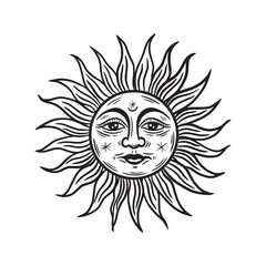 Sun with a face. Bohemian illustration. Mystical element for design in boho style, logo, tattoo