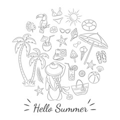 Set of summer beach illustrations.  A beautiful girl on the beach, palm trees, tropical cocktails,  and other beach design elements, isolated on a white background. Hello Summer icons. 