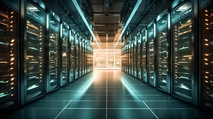 Big data protection, storage, cryptocurrency farm, cloud computing. Modern data technology center server racks working. 



