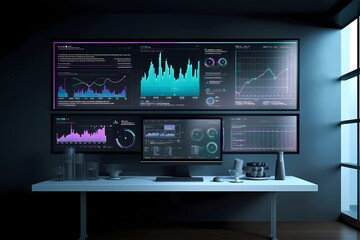 Computer screens showing data and graphs in a night scene at control room or high end office. Graphs and indicators on dark walls as technology futuristic business management concept. Generative AI