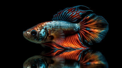 Fototapeta premium A mesmerizing sight unfolds as a Betta fish poses in a mirrored reflection, displaying its vivid colors and intricate patterns mirrored on the water's surface.
