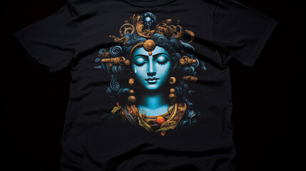 A portrait of Krishna on a black T-shirt, generative AI
