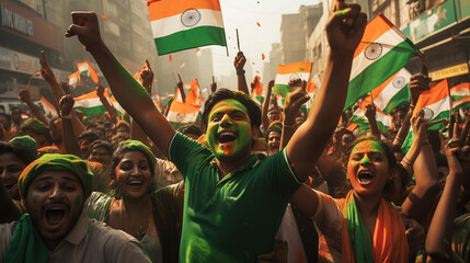 People on the street rejoicing in the holiday, holding the Indian flag, India's Independence Day, generative AI