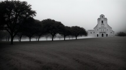 A Black And White Photo Of A Church Surrounded By Trees