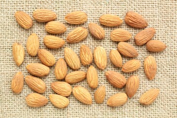 Almond nuts on canvas background. Healthy diet, nutrition, vegan concept. Protein dry organic snack. Raw food