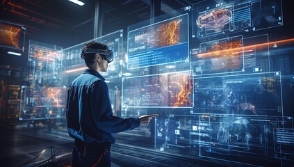 scientist working on hologram screen, holographic screen, Generative Ai