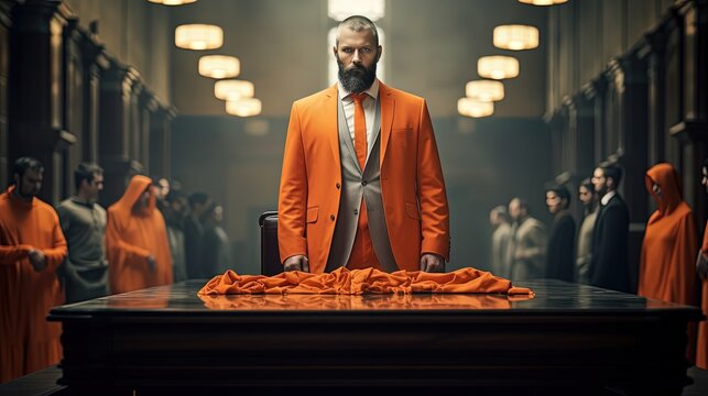 business man in orange suit symbolized prisoner or guilty in big room, Generative Ai