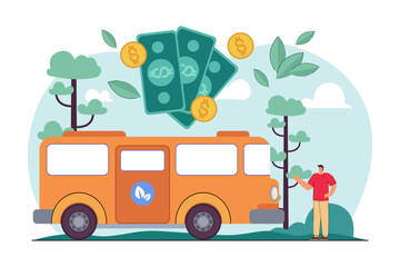 Eco-friendly bus with cheap prices vector illustration. Drawing of driver or passenger near big vehicle, symbols of ecology and money. Transportation, public transport, ecology, payment concept