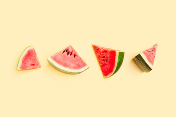 Watermelon fruit sliced isolated on yellow background, Organic fruit, Watermelon pieces
