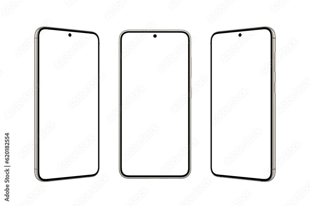 Leinwandbilder Small rounded phone with a small built-in camera in the display. Transparent screen and background for mockup, app presentation. Front, left and right position