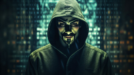 Hooded computer hacker in front of binary code background 3D rendering