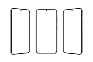Small rounded phone with a small built-in camera in the display. Transparent screen and background for mockup, app presentation. Front, left and right position