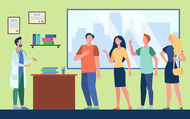 Worried doctor and line of upset patients vector illustration. Cartoon drawing of angry people in medical professional office, lack of doctors. Healthcare, workforce, medicine concept