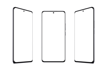 Modern smart phone with thin and round edges with transparent screen and background. Showcase in three position. Screen mockup for app presentation