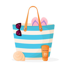 Summer beach bag with accessories. Summer vacation elements.