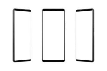 Large black smartphone three positions. Transparent background and display. Clean white background for effective marketing of digital offerings
