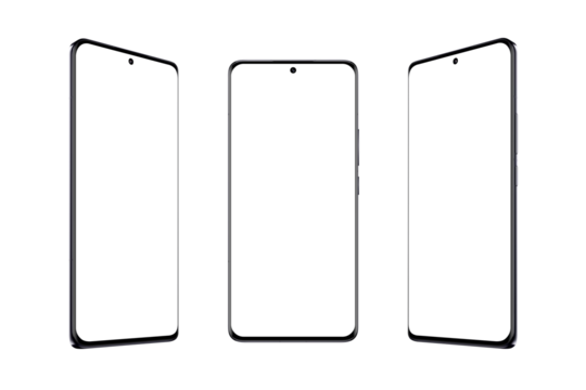 Modern smart phone with thin and round edges with transparent screen and background. Showcase in three position. Screen mockup for app presentation