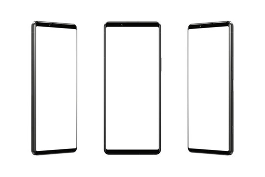 Large black smartphone three positions. Transparent background and display. Clean white background for effective marketing of digital offerings