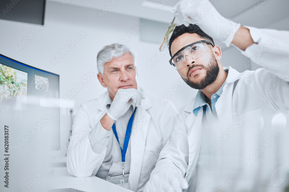 Poster laboratory, science team and man with test tube checking results of medical study for pharmaceutical