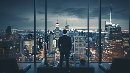 Fototapeta na wymiar businessman standing looking outside office glass window with cityscape background, Generative Ai