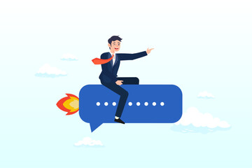 Cheerful businessman ride speech bubble pointing to target, effective communication for business leader, sending message, announcement or dialog for success, meeting talk or communicate idea (Vector)