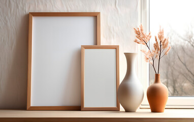 Two empty wooden frame mock-up near a modern vase with dry flowers plants on a wooden table. Vertical picture frame mockup. Minimal interior. Generative AI.