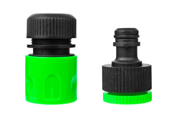 Plastic connectors for connecting a garden hose. Plastic fitting isolated on white background.