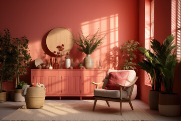 Pink salmon living room interior. Photorealistic illustration of Generative AI.