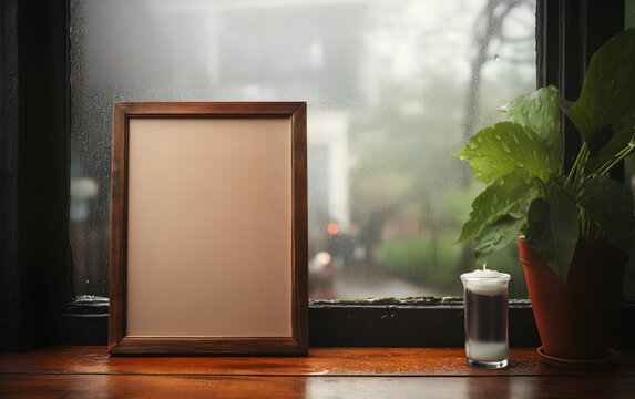 Empty wooden frame mock-up near a modern vase with dry flowers plants on a wooden table. Vertical picture frame mockup. Minimal interior. Generative AI.