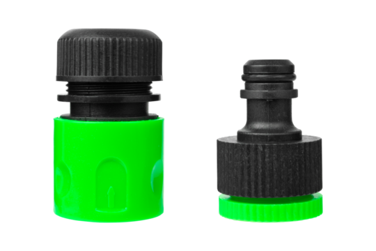 Plastic connectors for connecting a garden hose. Plastic fitting isolated on white background.
