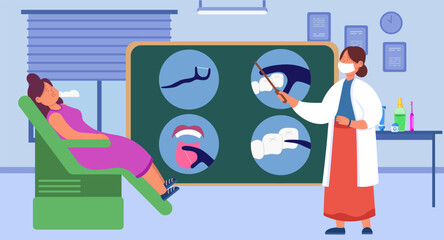 Dentist teaching woman to use floss vector illustration. Female patient learning dental hygiene rules on blackboard, having problems with teeth. Dental care, health concept