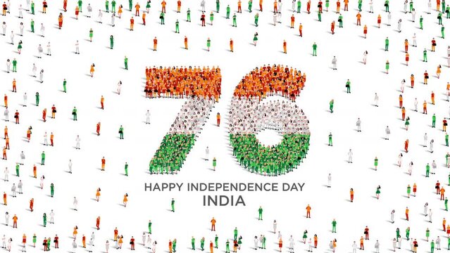 August 15 Happy Independence Day India Design. A large group of people form to create the number 76 as India celebrates its 76th National Day on the 15th of August.
