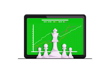 Business strong leadership concept, Lines graph on screen with king and soldier chess on isolated background, Digital marketing illustration.
