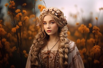 pretty celtic girl wearing flower crown in flower garden, Generative Ai