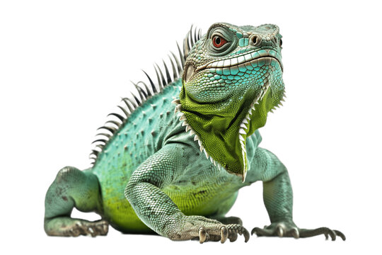 green iguana isolated on transparent background. PNG file, cut out.
