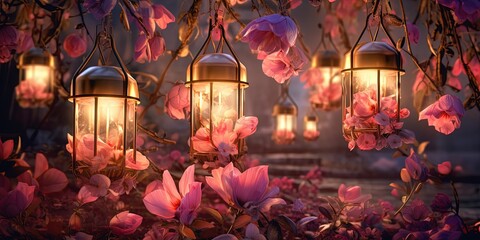 fantasy enchanted garden atmosphere, lantern with pink flowers, Generative Ai
