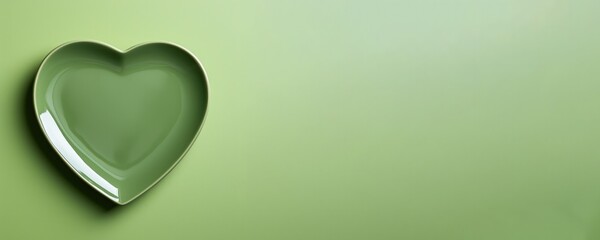 Heart shaped green plate isolated on green background with copy space, top view