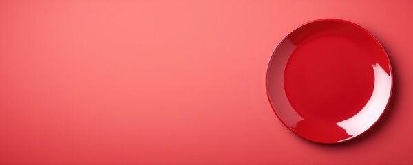 Round red plate isolated on red background with copy space, top view