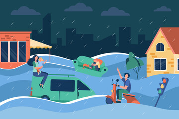 People in city suffering from flood vector illustration. Family surviving on truck roof and coach, waiting for rescue while water crashing houses and trees. Natural disaster, climate change concept