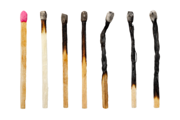 Set of burnt wooden matches. Matches isolated on white background.