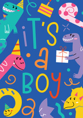 Gender reveal card with dinosaurs, childish hand drawn illustrations of tyrannosaurus, announcement of newborn boy, greeting card for baby shower, vector arrangement with dinosaurs on blue background