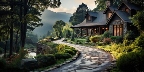 Fototapeta premium AI Generated. AI Generative. Adventure outdoor nature vacation wild gravel road to the wood house hotel. Countryside farm vibe. Graphic Art